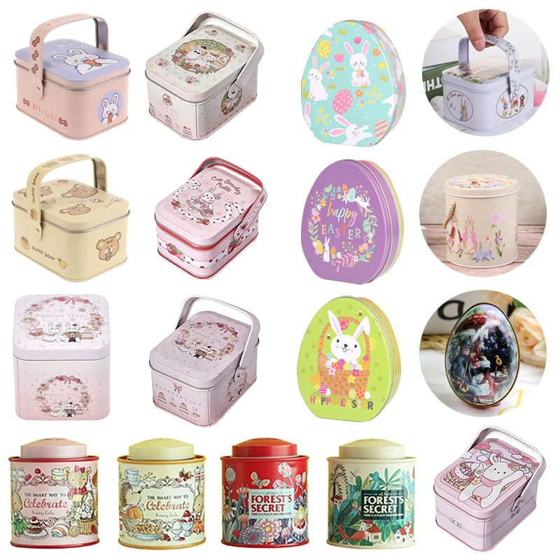 

1pc Easter Egg Tinplate Box Cartoon Rabbit Printed Fillable Metal Eggs Candy Chocolate Boxes Gift Bags Happy Easter Bunny Decor