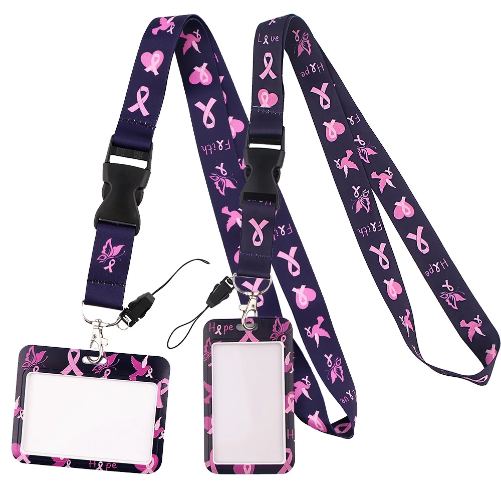 

YL830 Pink Ribbon Breast Cancer Woman Lanyard Car Keychain Personalise ID Card Pass Gym Mobile Phone Key Ring Badge Holder