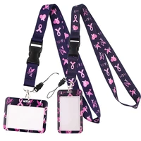 yl830 pink ribbon breast cancer woman lanyard car keychain personalise id card pass gym mobile phone key ring badge holder