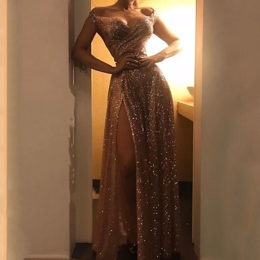 

2022 Sleeveless V-Neck Dress Waist-Sprinkled Gold Slit Dress sacos de mujer de vestir party dresses women evening 2020