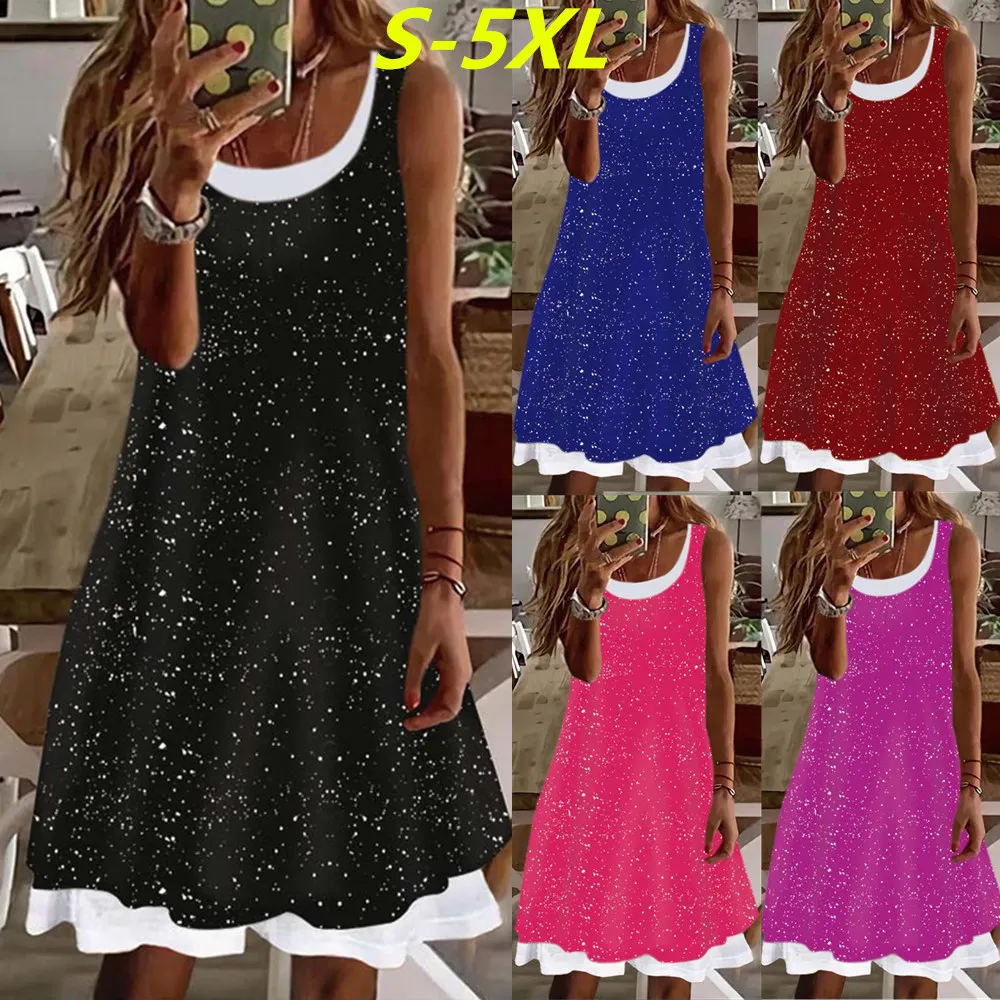 

2023 Women's Fashion Loose New Summer A-Line Print Dress Sleeveless Casual New Print Knee Length Dress
