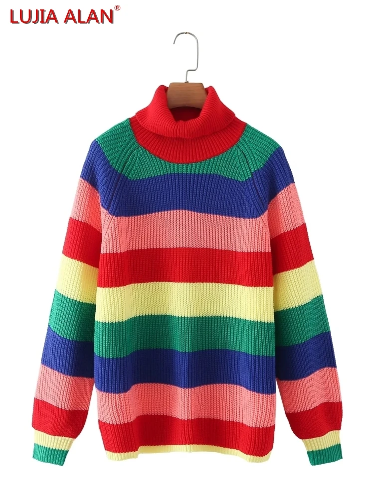 

Hot Sale New Women Rainbow Stripe Knitting Turtleneck Long Sleeve Casual Loose Sweater LUJIA ALAN SW1783
