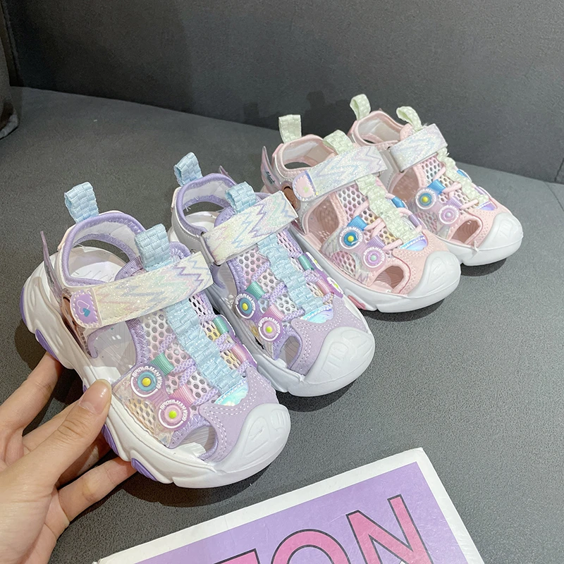 

New Girls Casual Shoes Pink Cute Princess Shoes Non-Slip Children Flat Sandals Summer Comfortable Walking Toe Sandals Breathable
