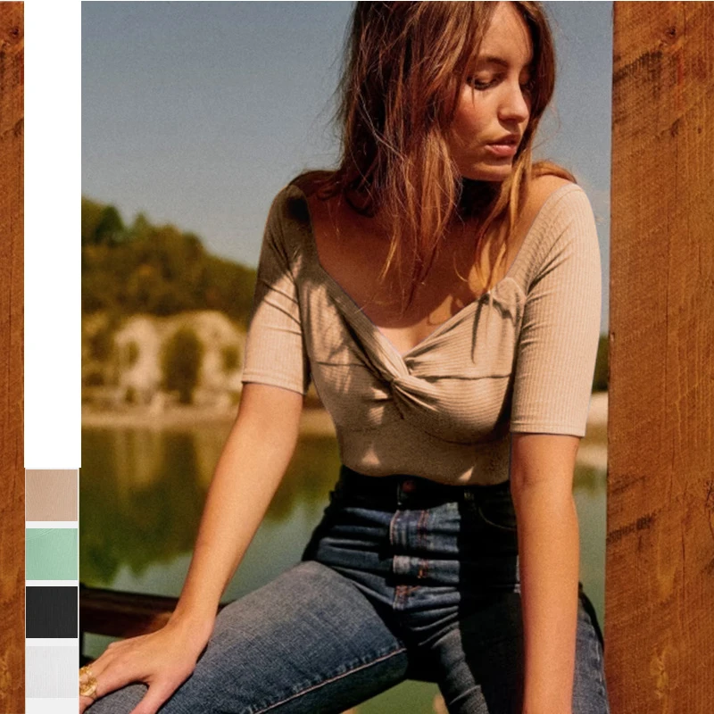 

Fashion Sexy One-Piece Collar In Europe And The United States Female Slim Hundred T-Shirt Tops Twist Knot Thread Inside