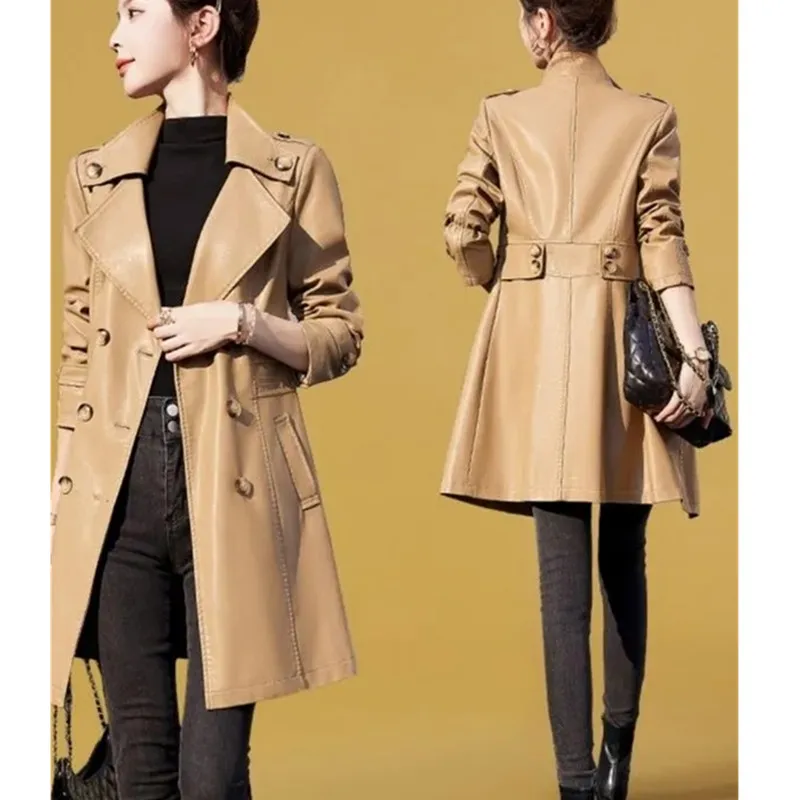 Женская кожаная длинная приталенная ветровка из искусственной кожи куртка