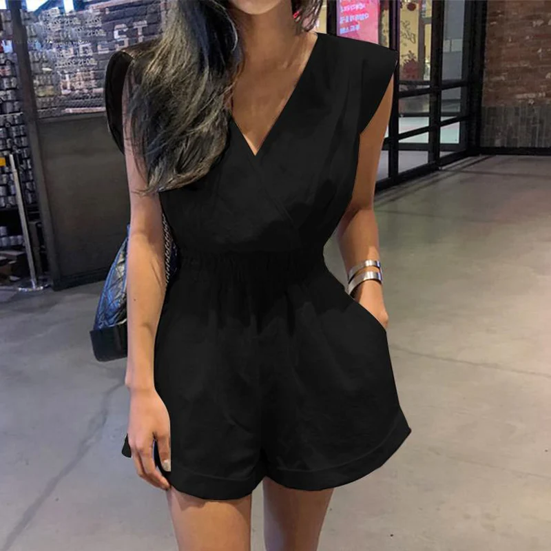 Sexy V-neck Backless Sleeveless Casual Elastic Short Playsuit Women Solid Overalls Large Size 3XL Loose Tunic Summer Romper 2021