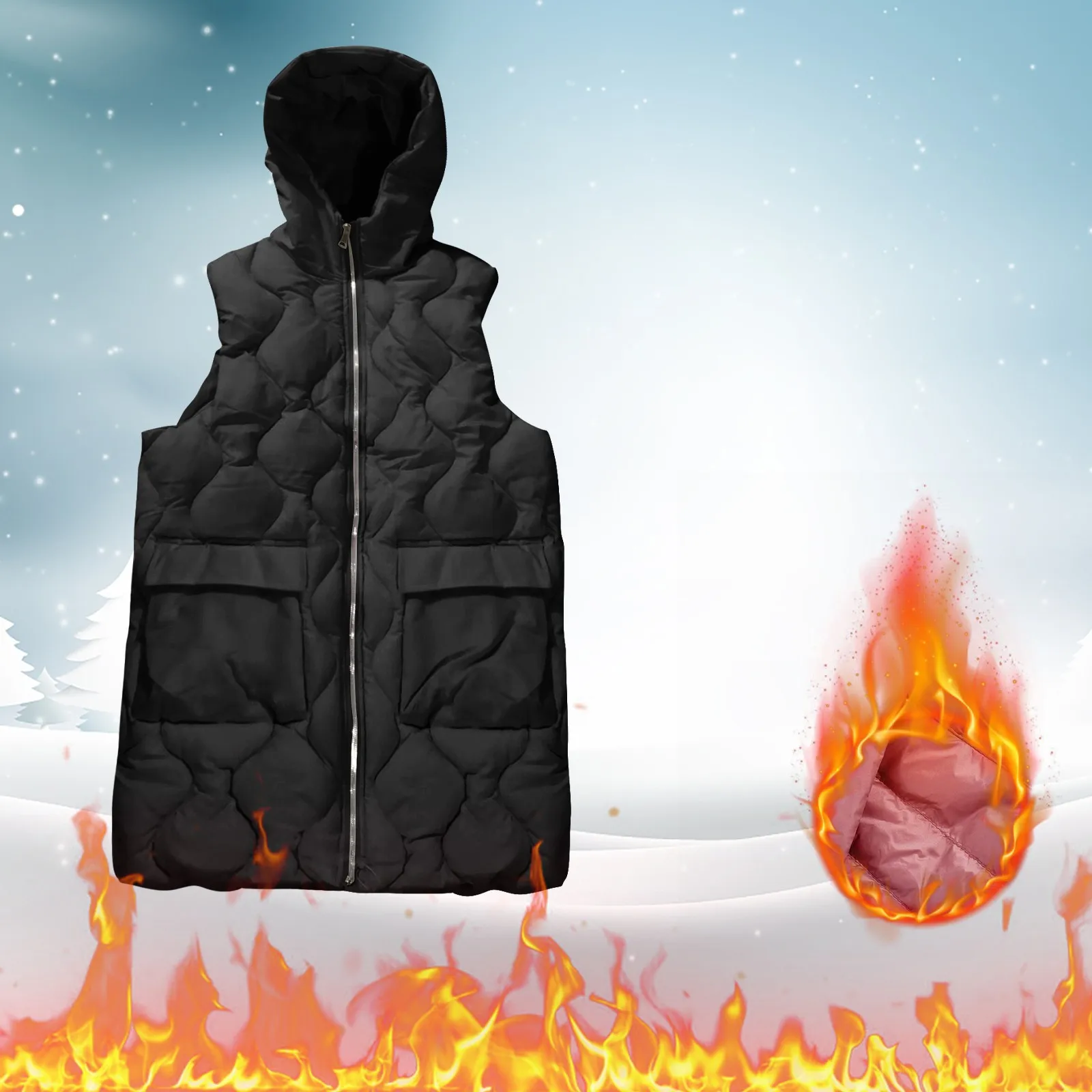 Women'S Solid Hooded Down Coat Single Breasted Medium Length Cotton Jacket Vest Slim Cardigan Coat Winter Warm Down Vest