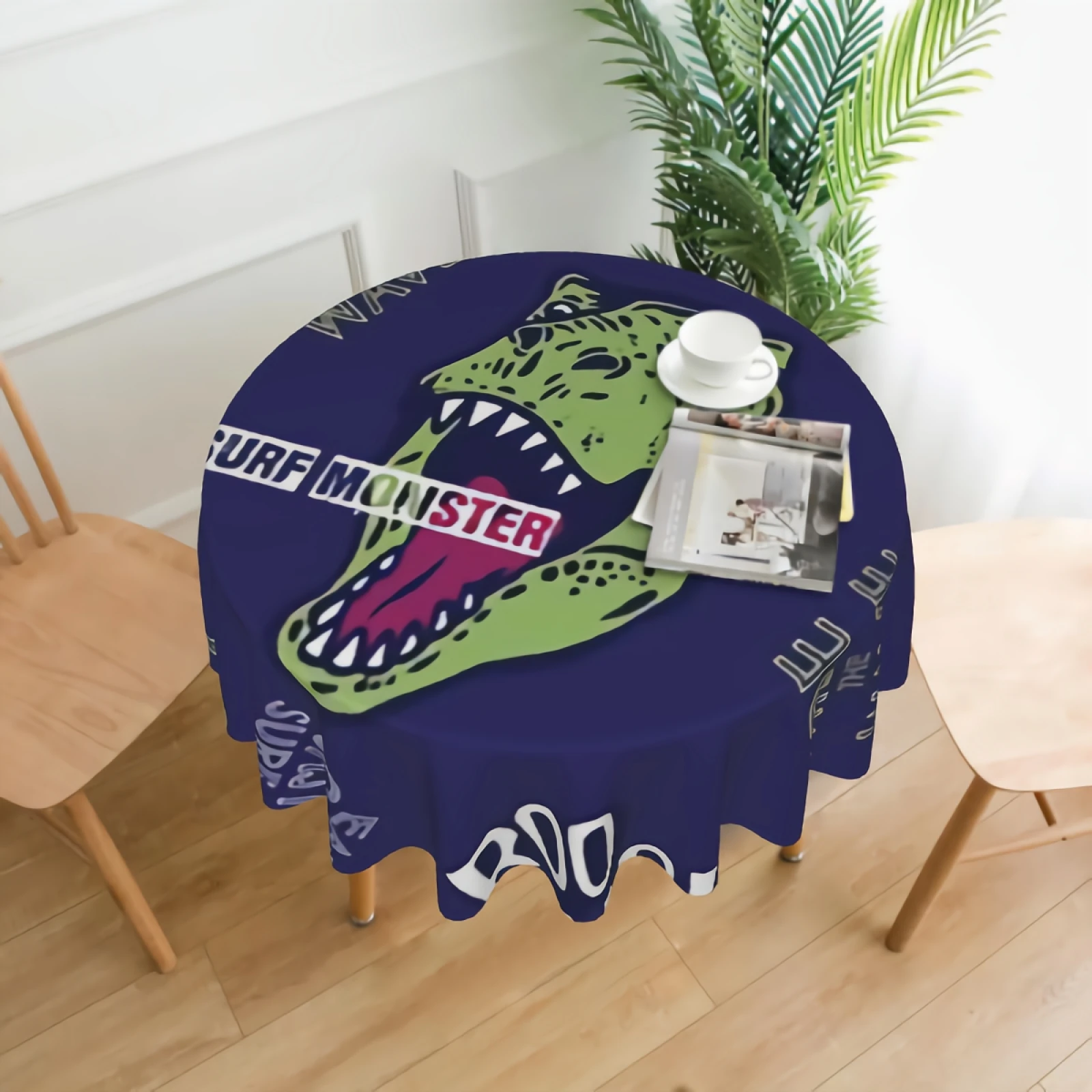 

Dinosaurs With Palm Trees Tablecloth Washable Monster Dinosaurs Round Tablecloths Circular Table Cover Cloths for Holiday