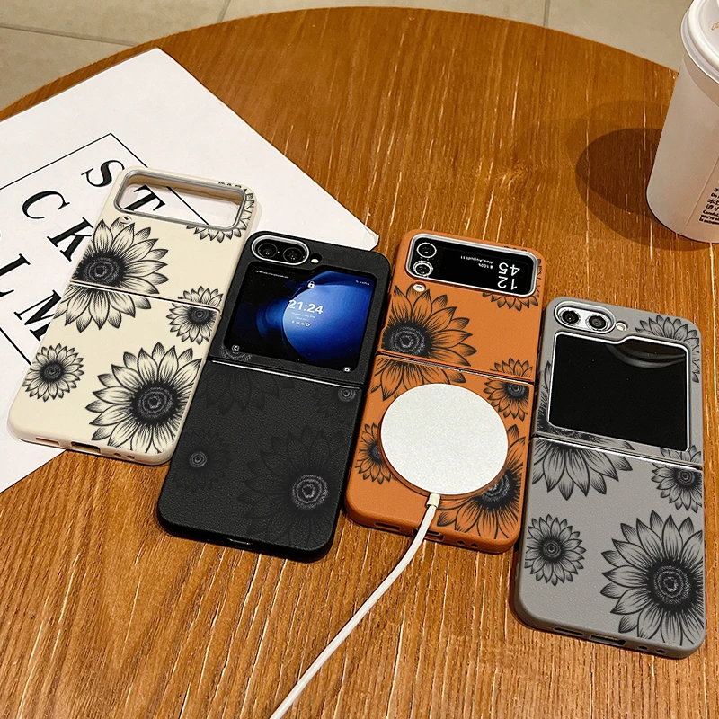 Чехол с рисунком подсолнуха для Samsung Galaxy Z Flip6 Flip5 Flip4 Flip3 магнитный чехол Magsafe