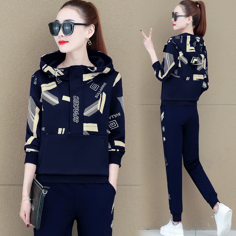 

Autumn 2022 New Printed Long-sleeved Hooded Sweater Fashion Two Piece Sets Womens Plus Size Trousers