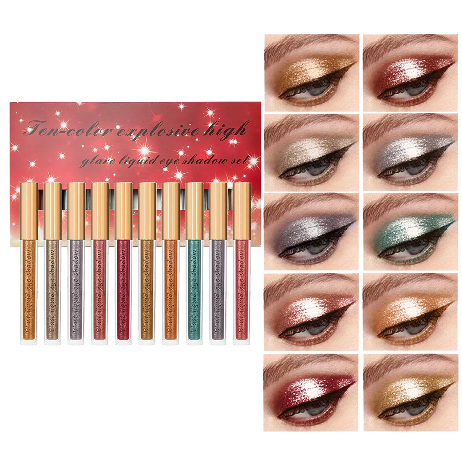 

Блестящие жидкие тени для век 10 цветов, Набор теней для век из металла, стойкие водостойкие Сияющие тени для век с металлическим блеском