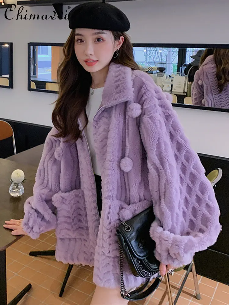

2022 Winter Clothes High-Grade Lamb Wool Fur Coat Fashionable Loose All-Match Purple Long Sleeve Plush Jacket for Women