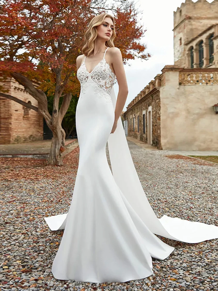 

Sexy Mermaid Wedding Dresses Spaghetti Straps Satin Simple Bridal Dress With Detachable Tail Wedding Gowns