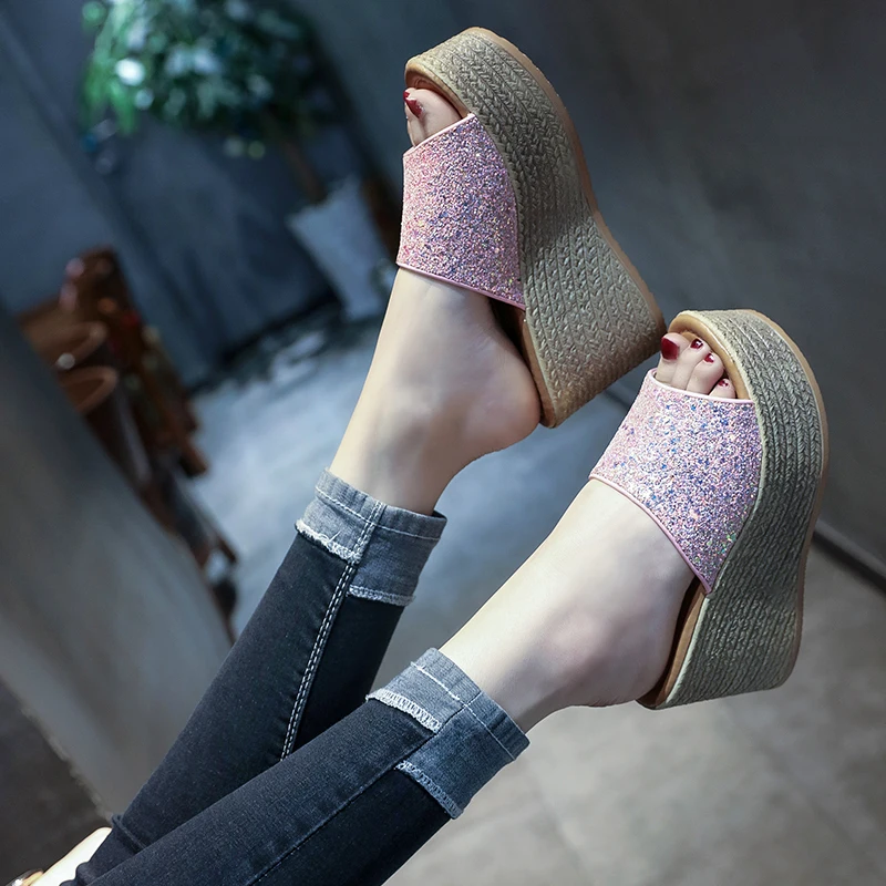 

Shoes Woman 2022 House Slippers Platform On A Wedge Heeled Mules Luxury Slides Shale Female Beach Flat High Designer Sabot Rubbe