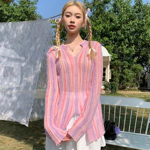 Striped Pullover Sweater For Women Knitted Casual Thin Sweaters Rainbow Slit Long Sleeve Y2k Outdoor Streetwear Sun Protect Tops