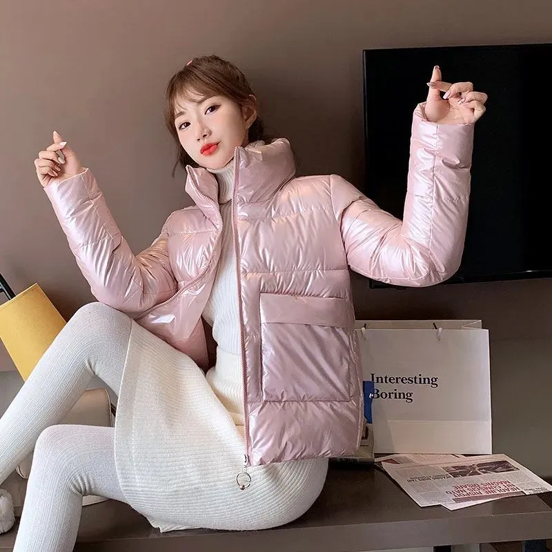2022 New Glossy Down Cotton Light Jackets Winter Women's Coat Stand Collar Big Pocket Long Sleeve Zipper Casual Loose Parka Tops