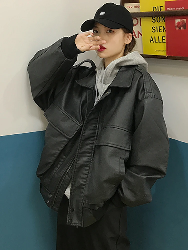 Winter Black Oversize Leather Jacket Women Korean Streetwear Vintage Pu Zipper Biker Jacket Female Autumn Warm Pocket Loose Coat