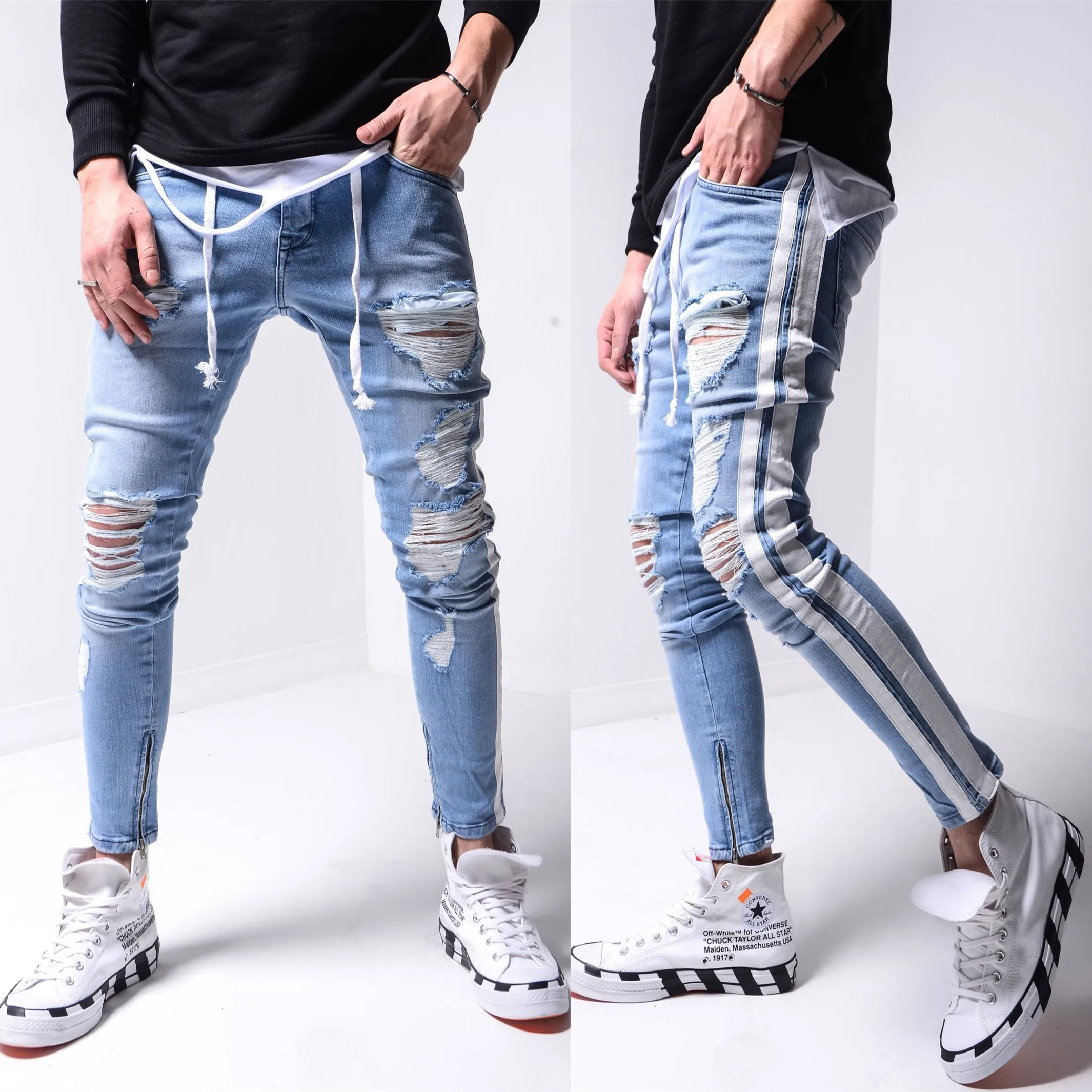

2023 New Mens Solid Color Striped Jeans Male Hip Hop Foot Zipper Skinny Jeans Ripped Slim Denim Pants For Men Trousers Hommes