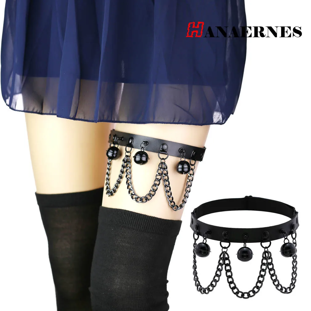 

Harajuku Gothic Punk Style Fashion Black Bell Chain Leather Leg Ring Foot Ring Personality Wild Elastic Garter Belt