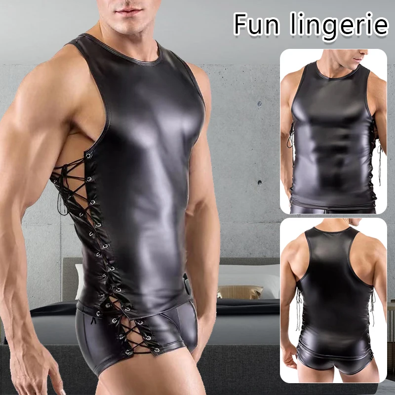 Mens Patent Leather Boxers Pants Wet Look Shorts Underwear Nightclub Strap Vest Tops Clubwear Dancing Hot Pants Costumes