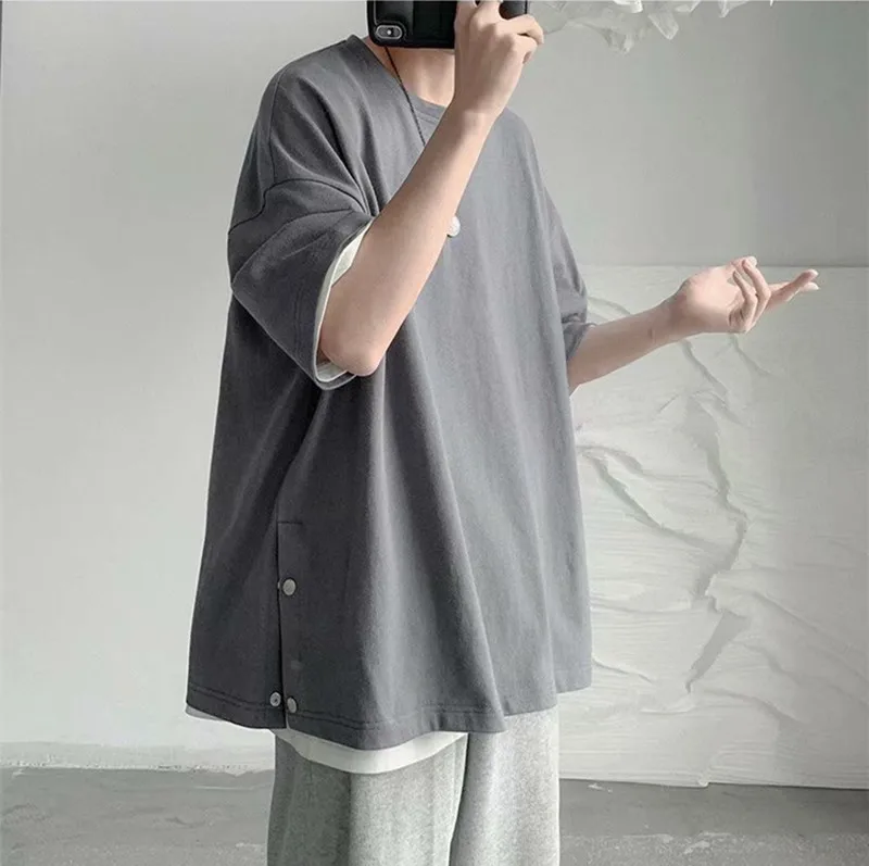 

2022 Men's Round Neck Short Sleeve Summer Thin T-Shirt Men's Loose Teen Breasted Split Half Sleeve T-Shirt