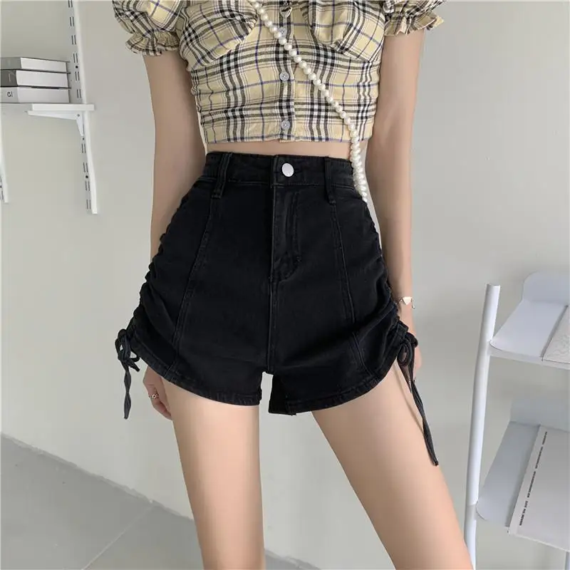 Women Denim Vintage Summer Basic Simple All-match High Waisted Drawstring Denim Shorts Leisure Ulzzang Ladies Streetwear Chic