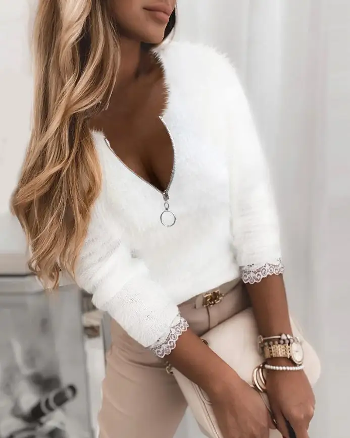 

Contrast Lace Long Sleeve Zip Front Fluffy Top for Women Casual Tee Pullovers Girls