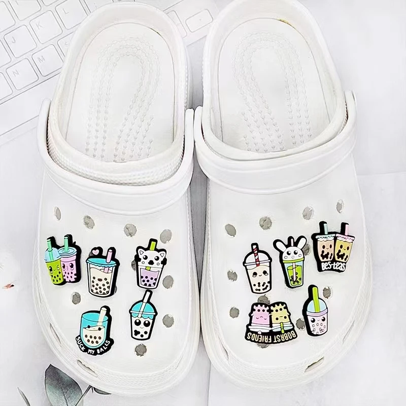 10pcs Cute milk tea Series Shoe Charms For Croc Sandals Unisex Shoe Decoration Kids
