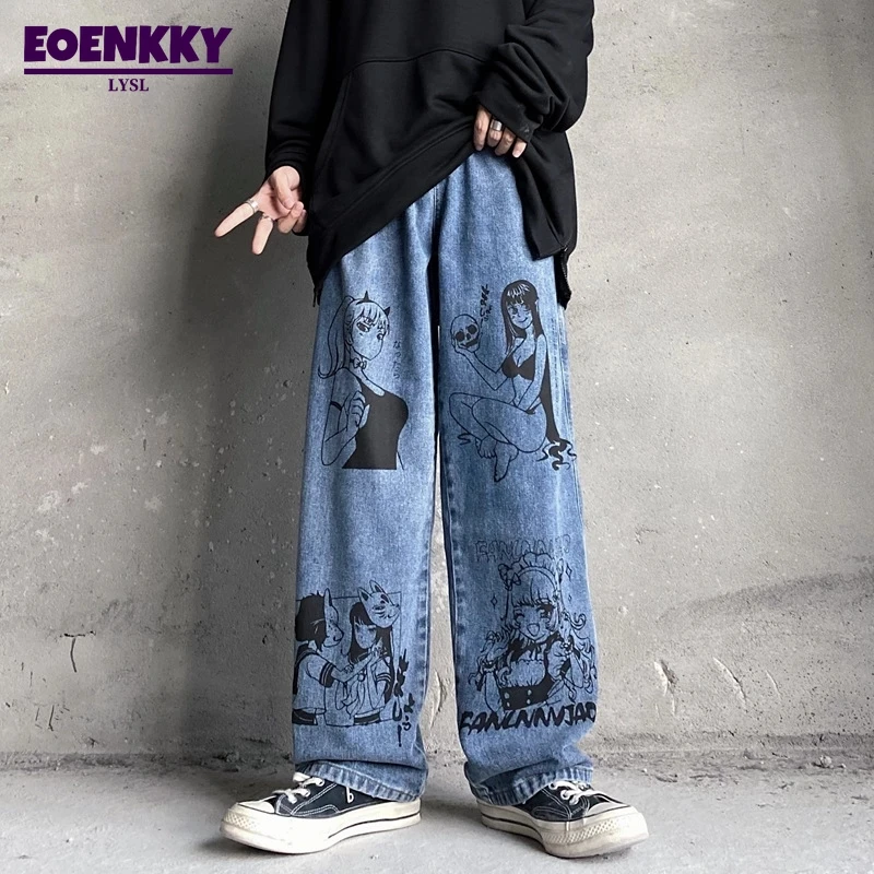 

Washed Jeans Men Women Harajuku Cartoon Anime Print Baggy Men's Streetwear Cotton Pants Fashion Loose Wide Leg Trousers Spring