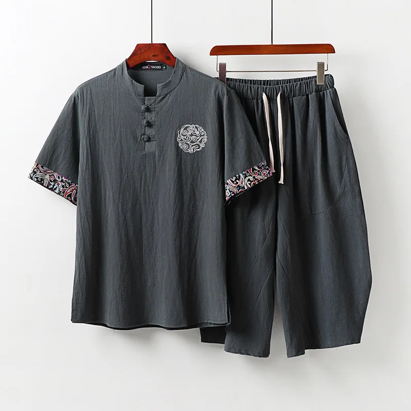

Summer Large Size New Suit Stand Collar Frog Button Short SleeveTT-shirt Cropped Pants Chinese Style Loose Large Size a Set of M