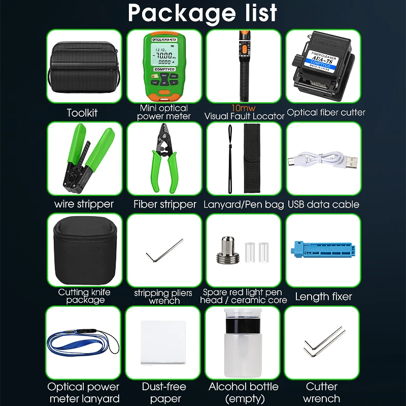 FTTH Fiber Optic Tool Kit with AUA-7S Fiber Cleaver AUA-DC7/AUA-DC5 Rechargeable Mini Optical Power 10MW Visual Fault Locator