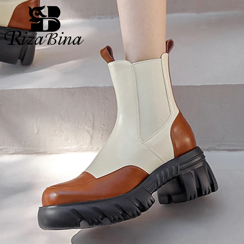 

RIZABINA New Ins Women Short Boot Real Leather Winter Women'S Shoes Fashion Causal Mix Color Ankle Boot Footwear Size 34-39