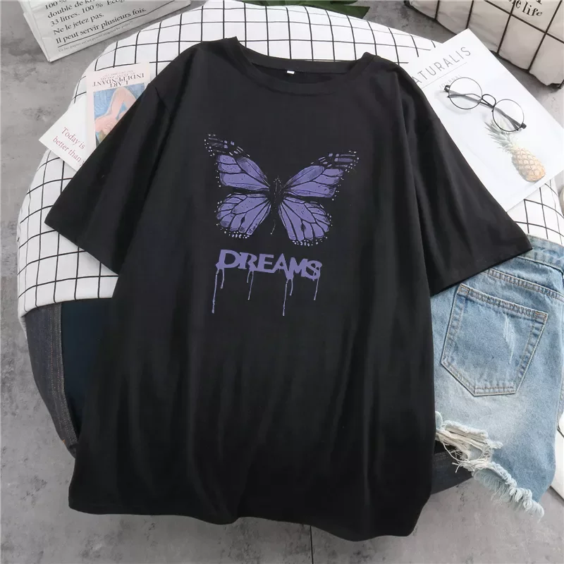 

Gothic y2k Aesthetic Loose Ladies T-shirt Purple Butterfly Print Korean Style Ladies Tops T-shirt Harajuku punk clothes tshirt
