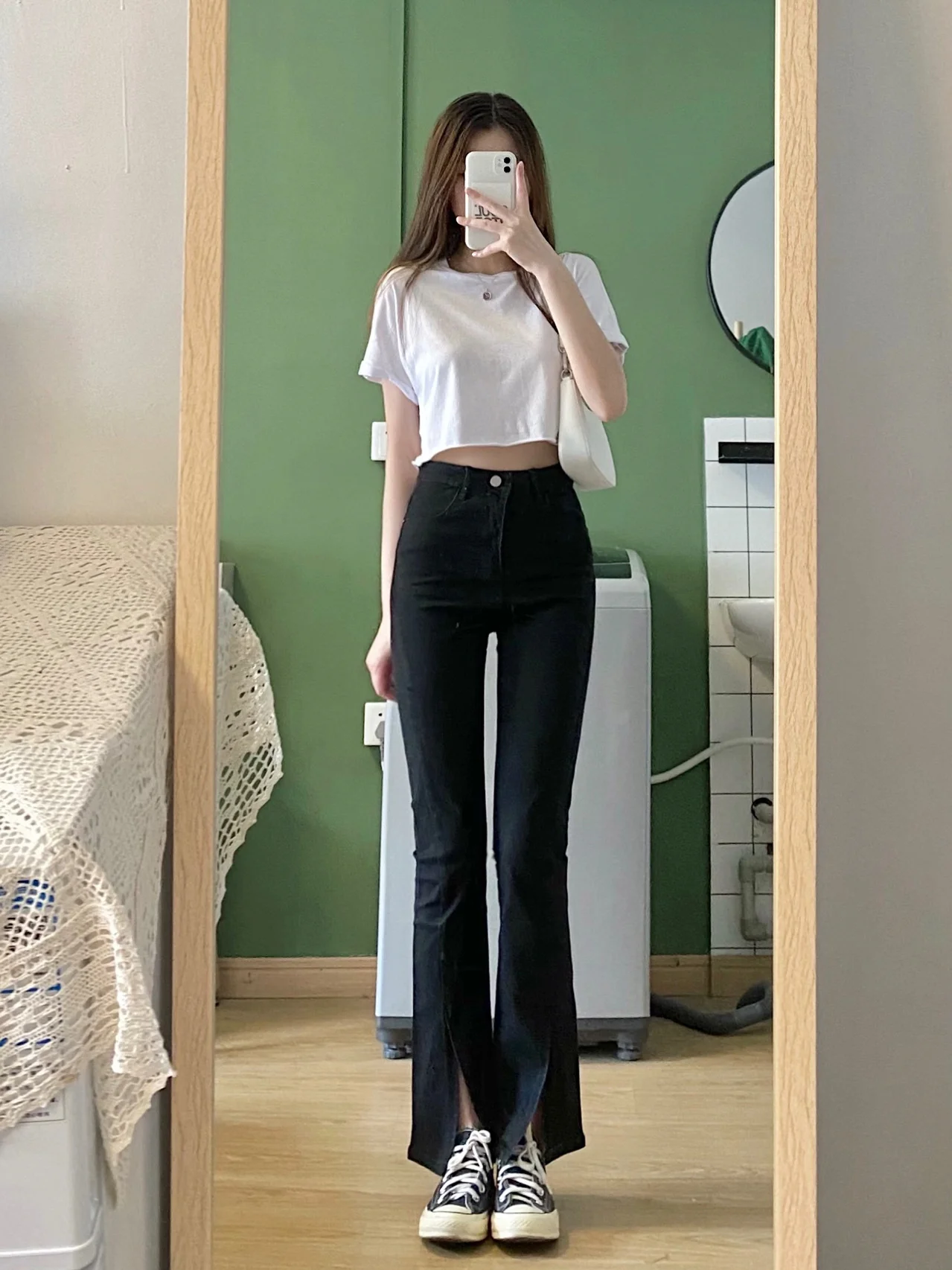 

DD1521 Women's new style high waist slim straight jeans with slit jeans