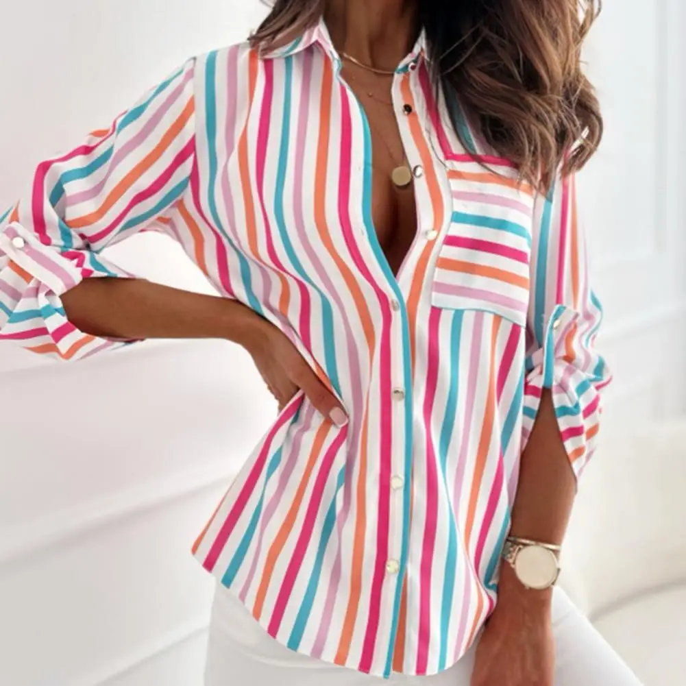 Striped Print Shirt Tops Chic Striped Workwear for Women Slim Fit Lapel Shirts with Patch Pockets Single Breasted for Autumn