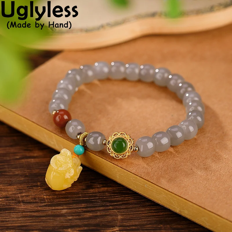 

Uglyless Natural Hotan Jade Agate Bracelets for Women Luxury Multi Gemstones Jewelry Real 925 Sterling Silver Bracelets Amber