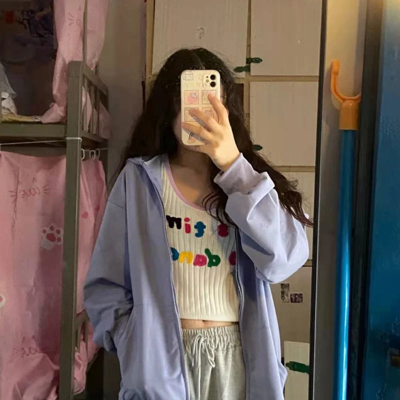 

Casual Sweatshirts 2021 Sweet Girl All Match Zip Up Tracksuit Streetwears Spring Autumn Fashion Solid Colors Hoodies Women Loose