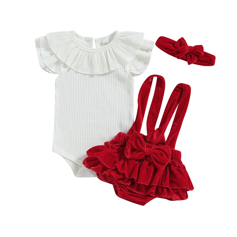 

Spewahor Newborn Infant Baby Girls Ribbed Long Sleeve Romper Red Velvet Suspender Skirts Elastic Bow Headband 3-Piece Set