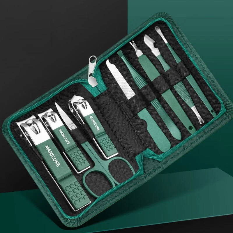 Green 9 Pcs Manicure Set With Leather Case Professional Foot And Face Care Tool Kits Stainless Steel Nail Clipper Sets Gift