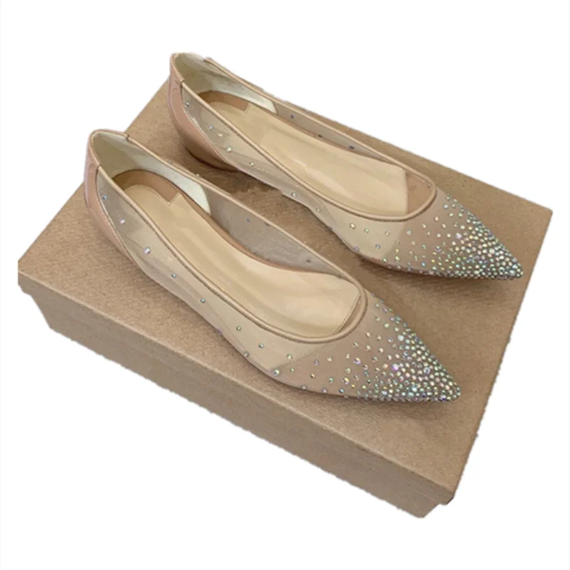 Europe and America 2023 Early Autumn New Pointed Flat Women's Shoes Hot Drill Lace Mesh Breathable Sheet Shoes