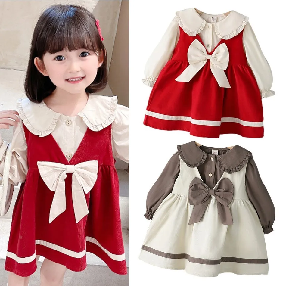 

Girls Sets Baby Dress Bow Cotton Jumper skirt Red Khaki Toddle Outing Wear Children A-Line Dress Up Outfit Autumn Picnic