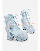 Baby Blue Butterfly Platform Ankle Boots Girl Floral Pattern Chunky Flared Heels Round Toe Lace up Booties Punk Handmade Shoes