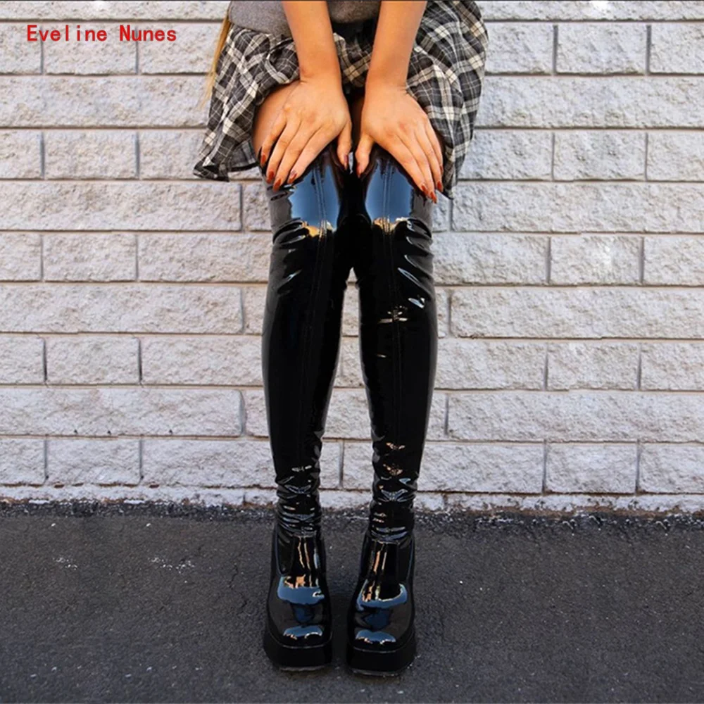 Black Platform Boots 2022 New Arrival Solid Over-the-knee Round Toe Chunky Heel Patent Leather Party Women's Fashion Shoes