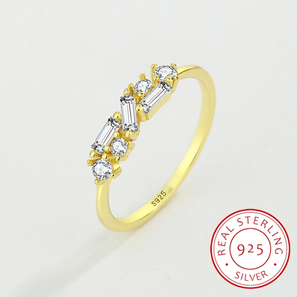 

2022 NEW Creative 18K Gold Irregular Baguette Diamond Couple Ring For Women Round Crystal Genuine Sterling Silver Gift Jewelry