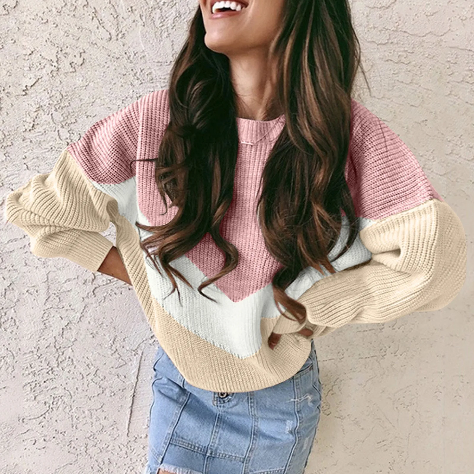 Женский свитер пуловер повседневный с круглым вырезом и длинными рукавами