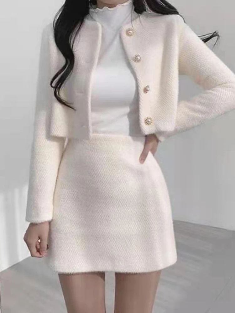 

Autumn 2023 New Korean Fashion Mini Skirt Suit Elegant Sweet Long Sleeved Coat Set Korean Two Piece Set for Women Skirt Suits