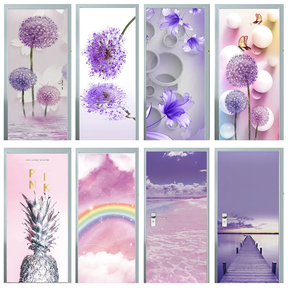 

Purple Dandelion Butterfly Wallpaper Door Stickers 3D Self-adhesive PVC Poster Girl Room Bedroom Wall Decals
