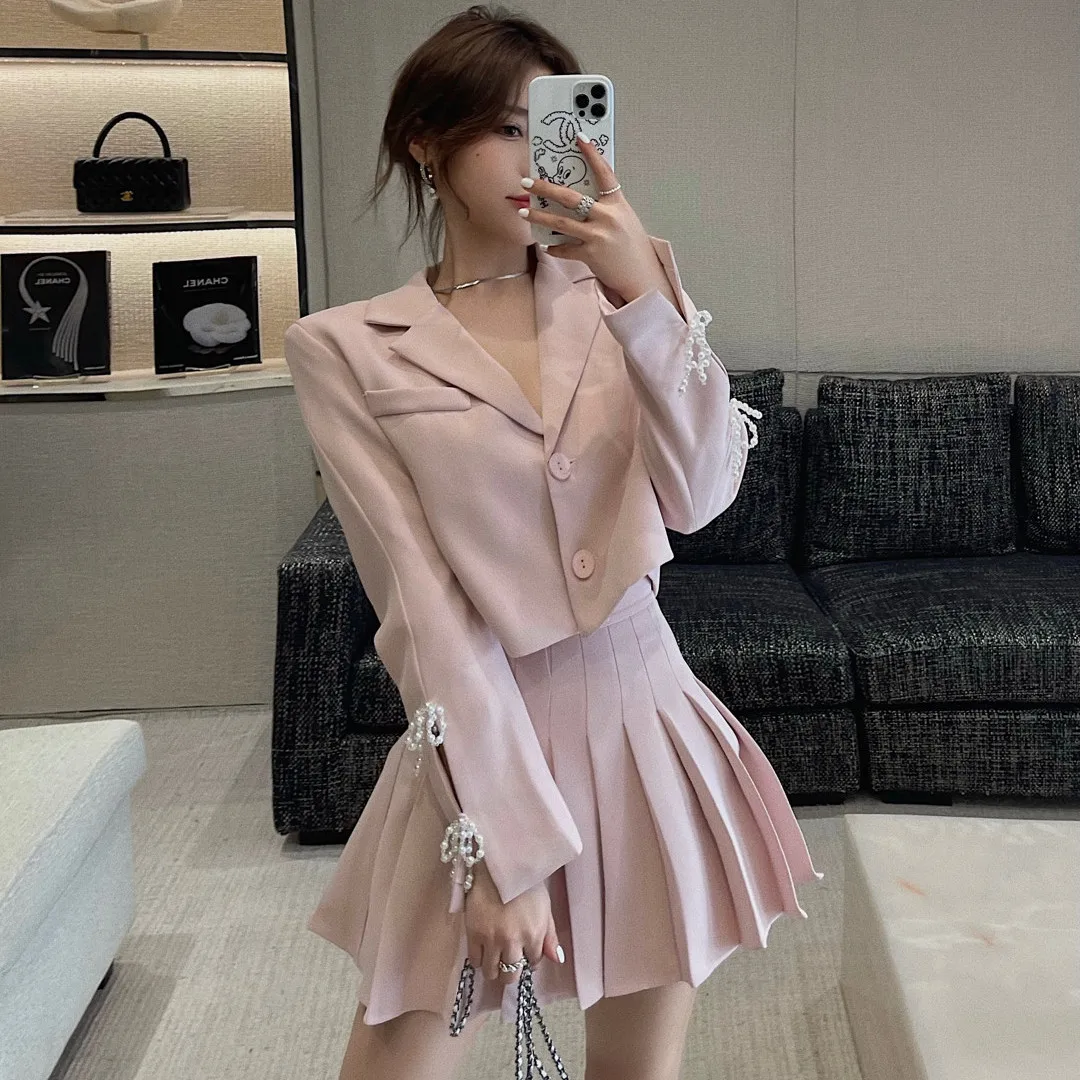 

2022 Women Spring Summer Fashion Suits Female Long Sleeve Short Jackets + High Waist Pleated Skirts Ladies Two Piece Sets H121