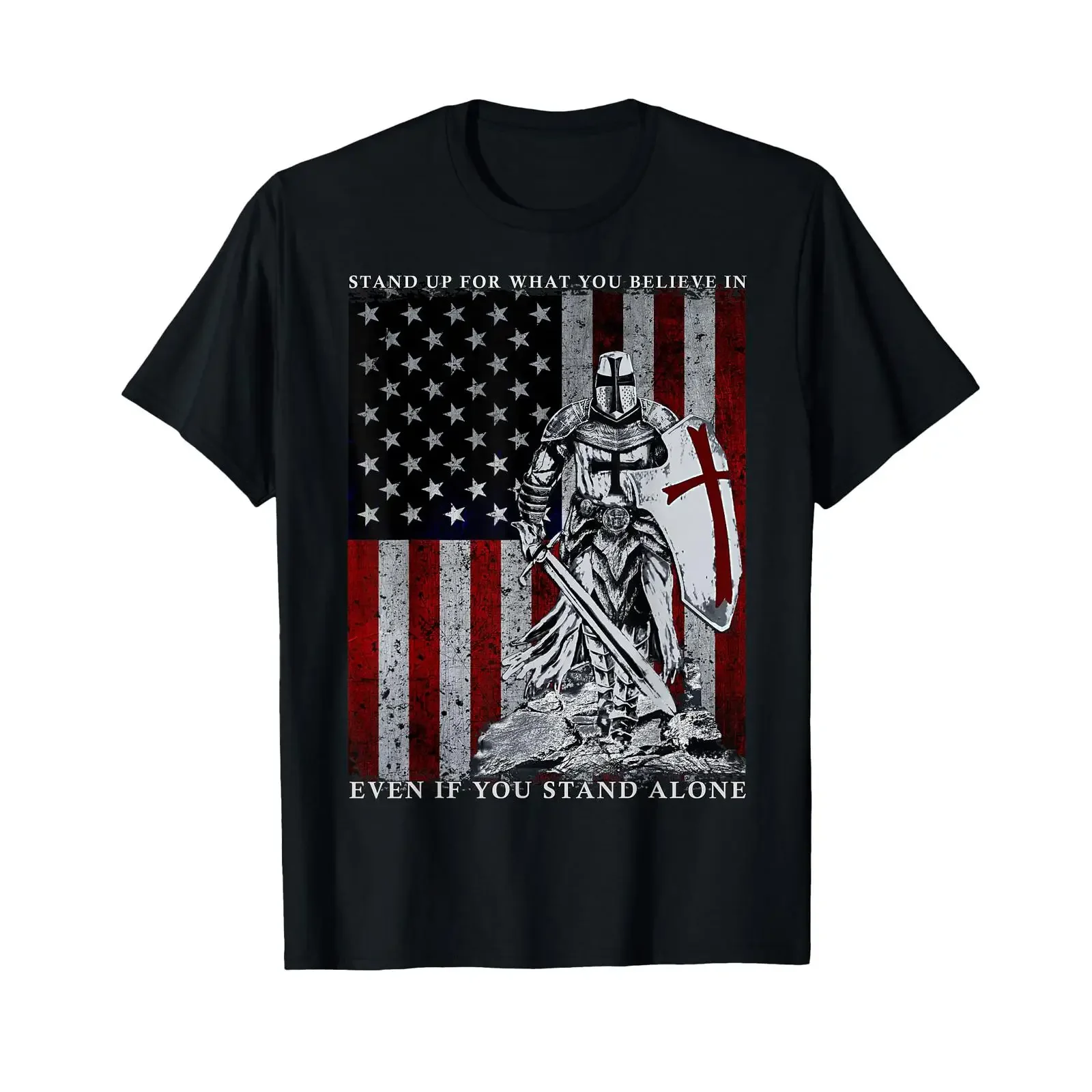 Фото Футболка Knight Templar American Flag Crusader, винтажная, с эффектом потертости, в стиле уличной моды, повседневная, удобная, с графическим принтом. №1