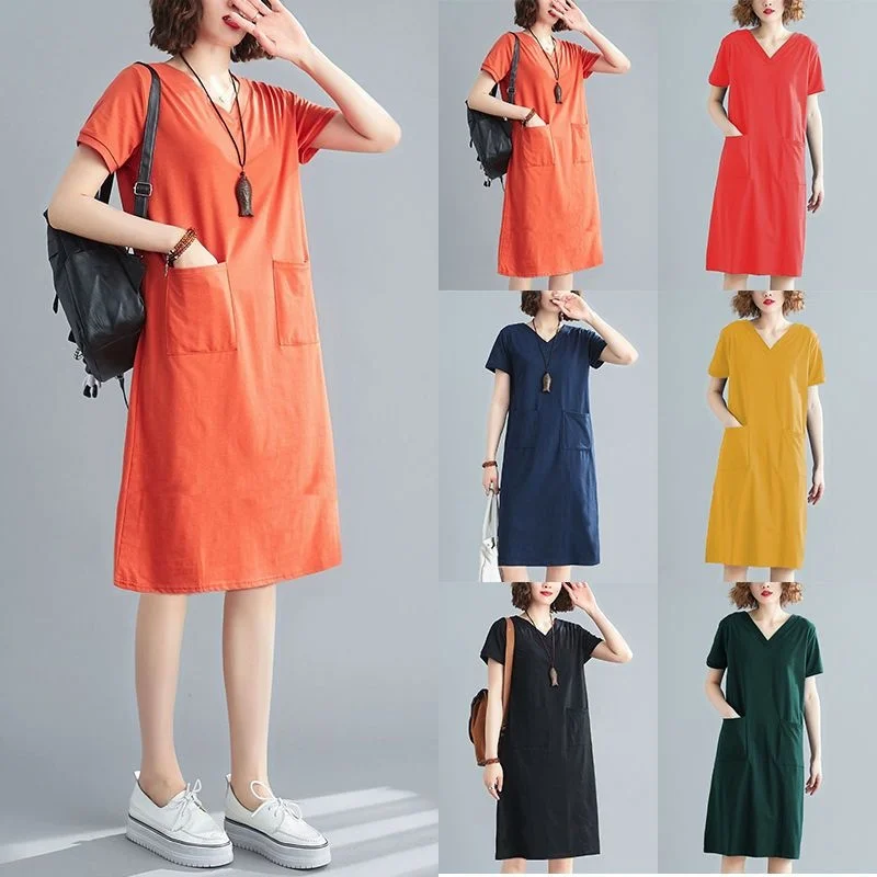 

Large Women's Mid Length T-shirt Dress 2023 Summer Loose Fat Mm Solid V-neck Short Sleeve Fashion Casual Dress Clothes Women